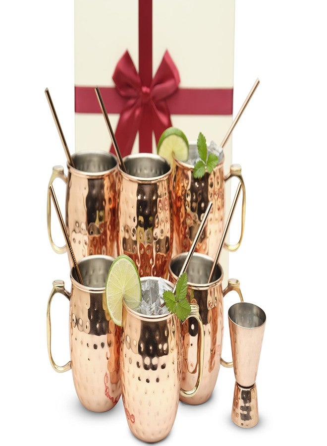 Kitchen Science [Gift Set] Moscow Mule Mugs, Stainless Steel Lined Copper Moscow Mule Cups Set of 6 (18oz) w/Straws, Jigger, Spoon & Brush | Tarnish-Resistant Stainless Steel Interior - Image 2